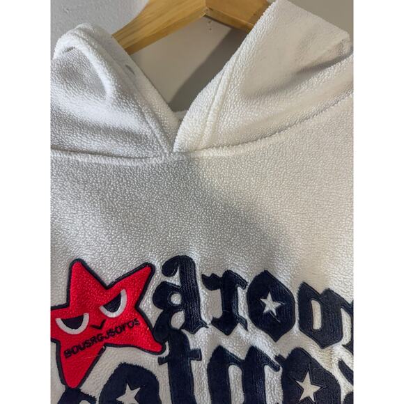 Y2K White Fleece Pullover Hoodie | Gothic Script & Angry Star Appliqué (Size M) - Picture 6 of 12